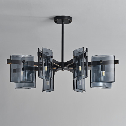 HMR - 8-Light Chandelier Black Glass Mid Century Ceiling Light
