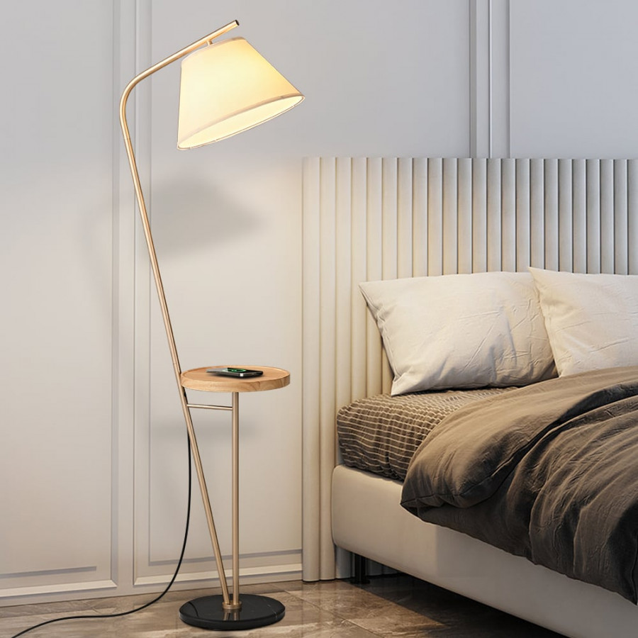 HMR - Champagne Gold Floor Lamp End Table with Linen Shade Wireless Charger & USB Port