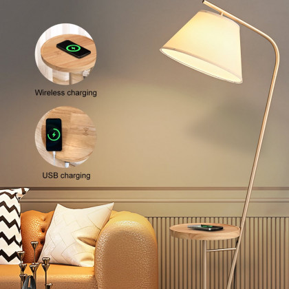HMR - Champagne Gold Floor Lamp End Table with Linen Shade Wireless Charger & USB Port
