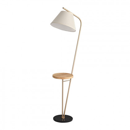 HMR - Champagne Gold Floor Lamp End Table with Linen Shade Wireless Charger & USB Port