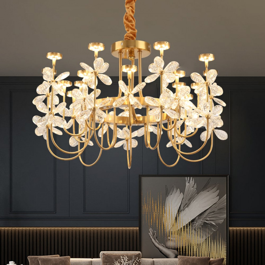 HMR - Art Deco 18-Light Gold Metal Frame Chandelier Led Pendant Lights for Living Room
