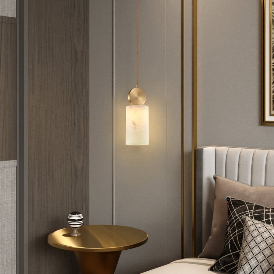 HMR - Gold Pendant Light with Alabaster Marble Shade for Living Room