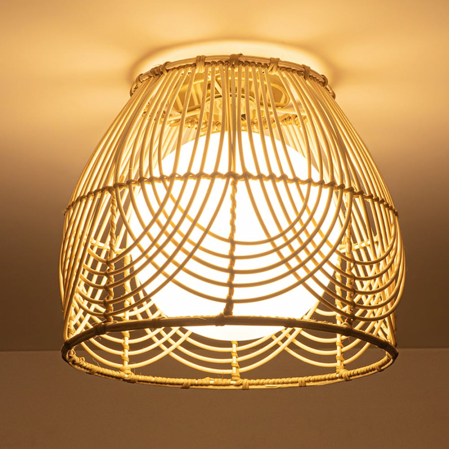 HMR - Rustic Metal & Rattan Geometric Flush Mount Ceiling Light with White Round Glass Shade