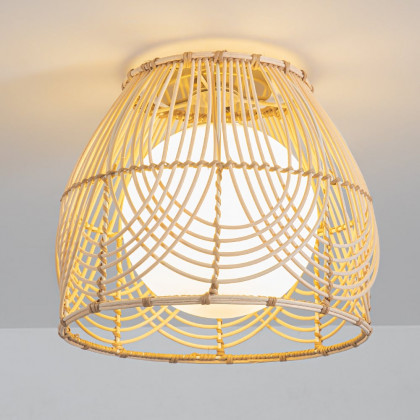 HMR - Rustic Metal & Rattan Geometric Flush Mount Ceiling Light with White Round Glass Shade