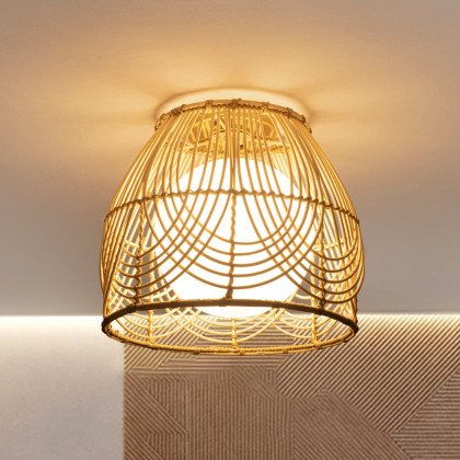 HMR - Rustic Metal & Rattan Geometric Flush Mount Ceiling Light with White Round Glass Shade