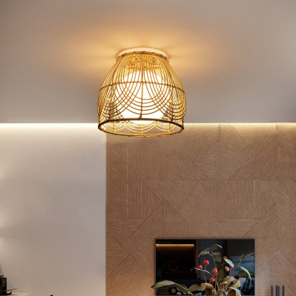HMR - Rustic Metal & Rattan Geometric Flush Mount Ceiling Light with White Round Glass Shade