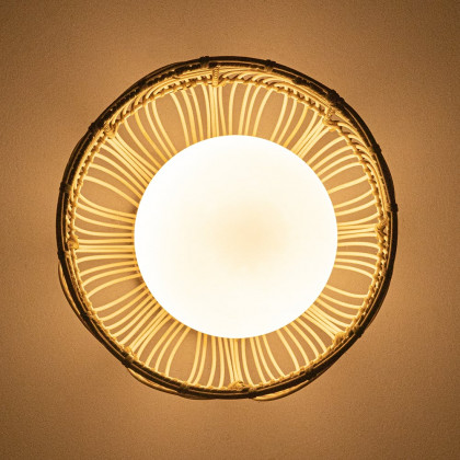 HMR - Rustic Metal & Rattan Geometric Flush Mount Ceiling Light with White Round Glass Shade