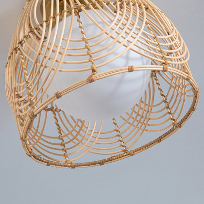 HMR - Rustic Metal & Rattan Geometric Flush Mount Ceiling Light with White Round Glass Shade