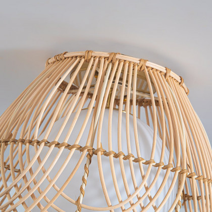 HMR - Rustic Metal & Rattan Geometric Flush Mount Ceiling Light with White Round Glass Shade