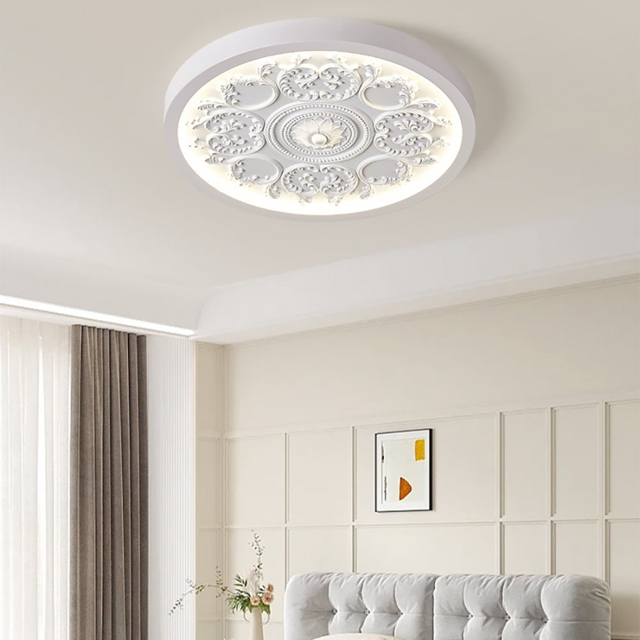 HMR - French Elegant White Resin 3D Carved LED 3 Modes Dimmable Flush Ceiling light