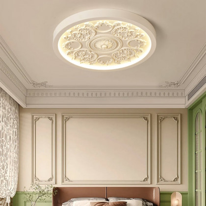 HMR - French Elegant White Resin 3D Carved LED 3 Modes Dimmable Flush Ceiling light
