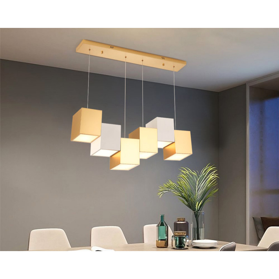 HMR 6-Light Modern Linear Kitchen Island Light Square Pendant Light - White & Gold