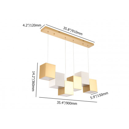 HMR 6-Light Modern Linear Kitchen Island Light Square Pendant Light - White & Gold