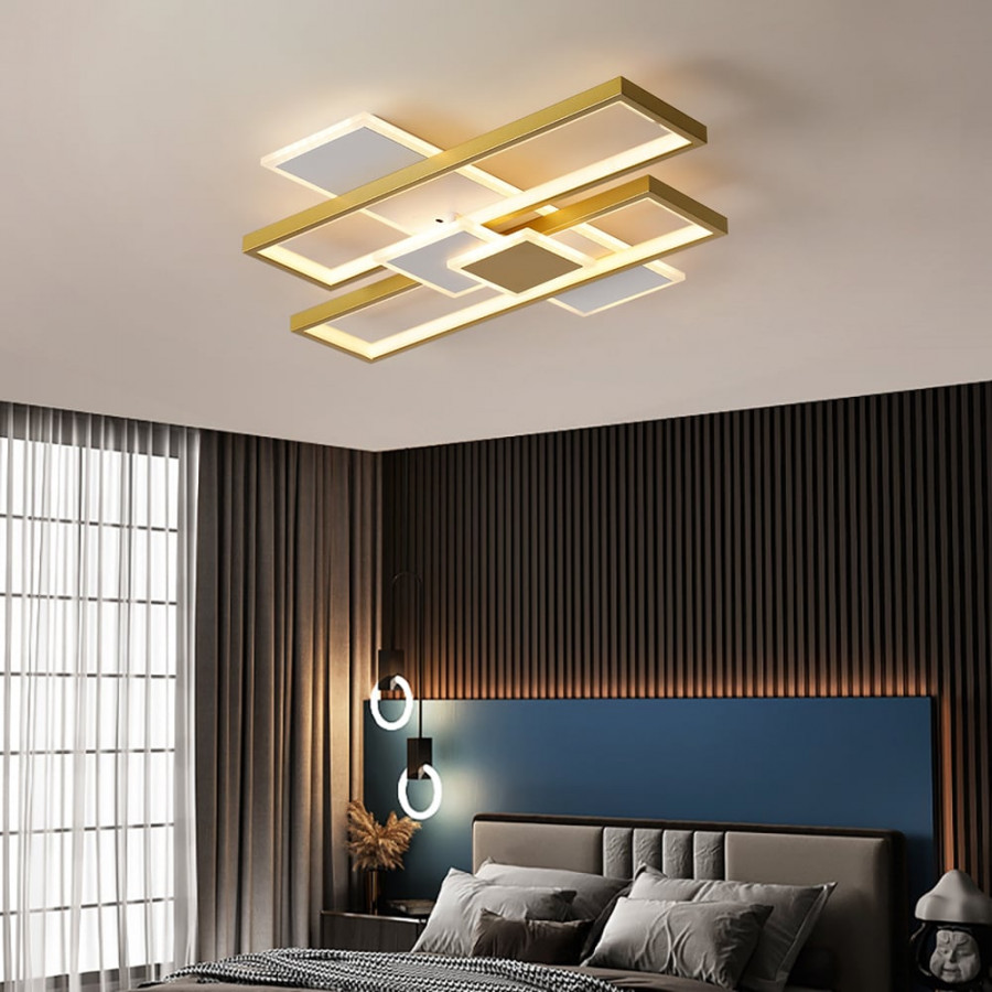 HMR - LED Modern Rectangular Flush Mount Ceiling Light in Gold & White with Remote Control