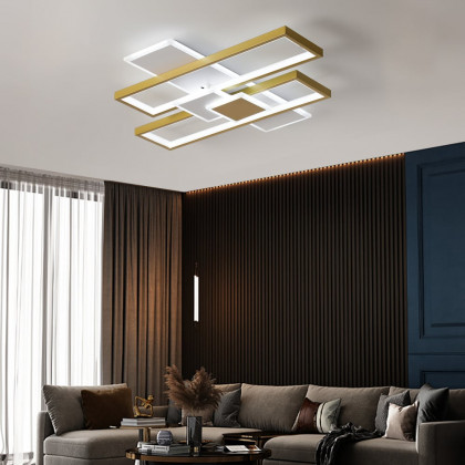 HMR - LED Modern Rectangular Flush Mount Ceiling Light in Gold & White with Remote Control