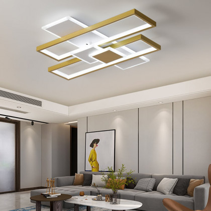 HMR - LED Modern Rectangular Flush Mount Ceiling Light in Gold & White with Remote Control