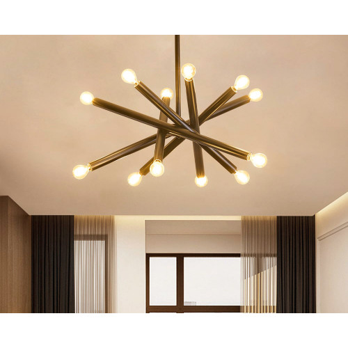 HMR Modern 12-Light Sputnik Semi-Flush Mount Light with Hanging Rod - Black