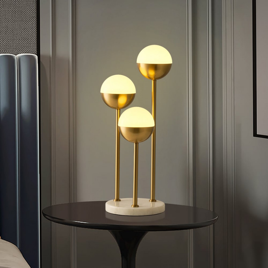 HMR - 3-Light Globe LED Table Lamp Modern Desk Lamp in Gold with White Shade Marble Base