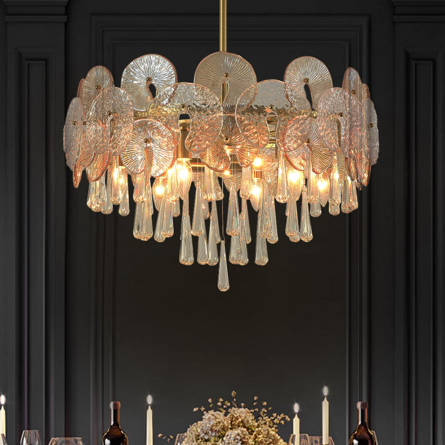 HMR - Glam 9-Light Crystal 5 Tiered Chandelier Gold Pendant Lights for Living Room