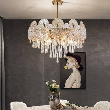 HMR - Glam 9-Light Crystal 5 Tiered Chandelier Gold Pendant Lights for Living Room