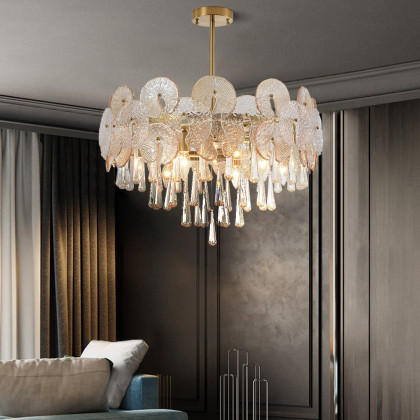 HMR - Glam 9-Light Crystal 5 Tiered Chandelier Gold Pendant Lights for Living Room