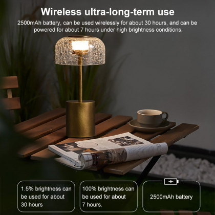 HMR - 2500mAh Bronze Gold Glass Desk Lamp Wireless USB Rechargeable Touch 3 colors Table Light