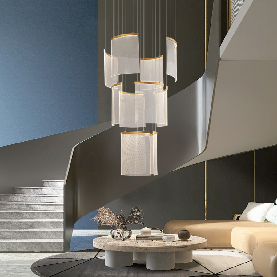 HMR - 11-Light Gold Entryway Foyer 3-Tiered LED Chandelier Modern Hotel Hollow Pendant Light