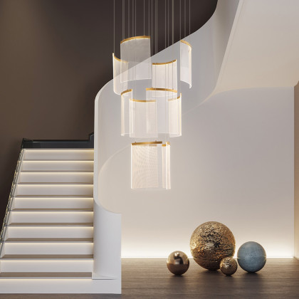 HMR - 11-Light Gold Entryway Foyer 3-Tiered LED Chandelier Modern Hotel Hollow Pendant Light