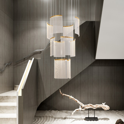 HMR - 11-Light Gold Entryway Foyer 3-Tiered LED Chandelier Modern Hotel Hollow Pendant Light