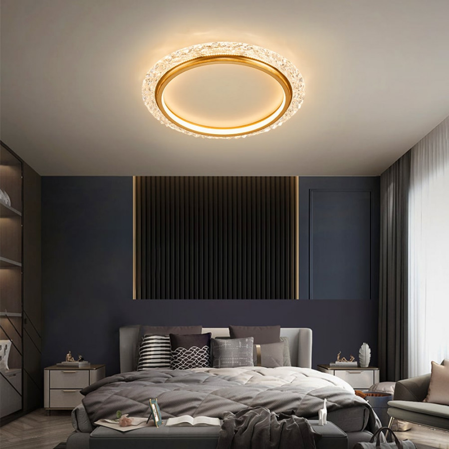 HMR - Glam Crystal Flush Mount LED Round Ceiling Light in Gold for Living Room