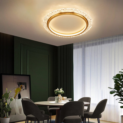 HMR - Glam Crystal Flush Mount LED Round Ceiling Light in Gold for Living Room