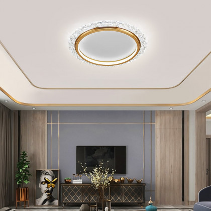 HMR - Glam Crystal Flush Mount LED Round Ceiling Light in Gold for Living Room
