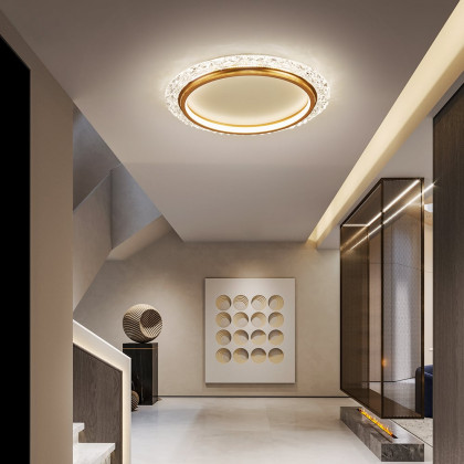 HMR - Glam Crystal Flush Mount LED Round Ceiling Light in Gold for Living Room