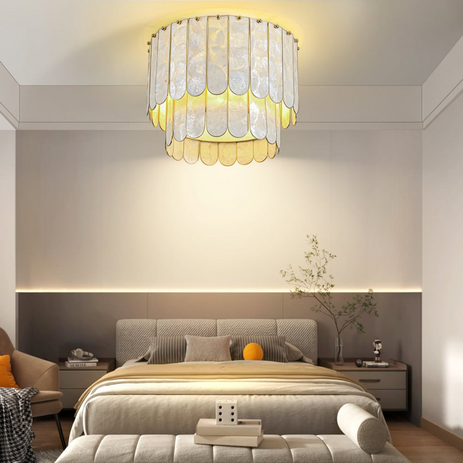 HMR - Enseo Coastal 3-Light Capiz Shell Flush Mount Round Ceiling Light in Gold Living Room