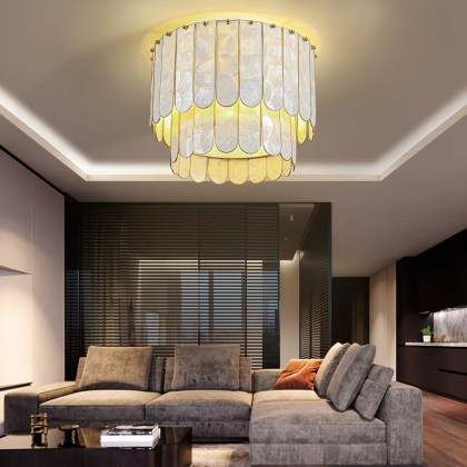 HMR - Enseo Coastal 3-Light Capiz Shell Flush Mount Round Ceiling Light in Gold Living Room