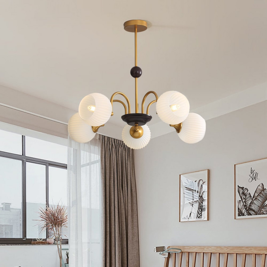 HMR - 5-Light Gold Ceiling Chandelier Light with White Ribbed Glass Shades for Living Room