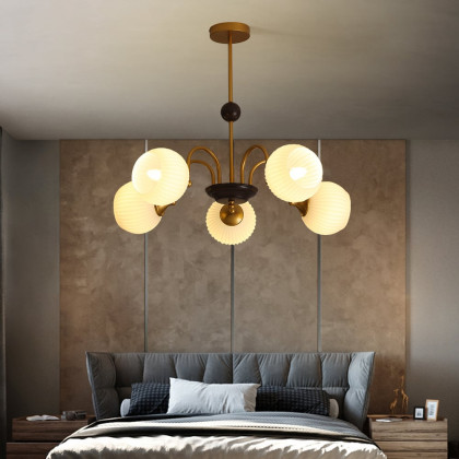 HMR - 5-Light Gold Ceiling Chandelier Light with White Ribbed Glass Shades for Living Room