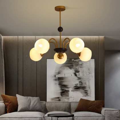 HMR - 5-Light Gold Ceiling Chandelier Light with White Ribbed Glass Shades for Living Room