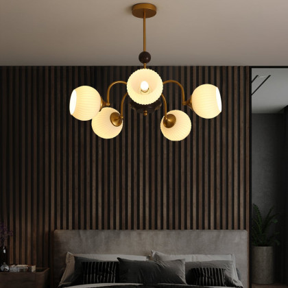 HMR - 5-Light Gold Ceiling Chandelier Light with White Ribbed Glass Shades for Living Room
