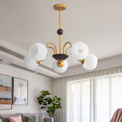HMR - 5-Light Gold Ceiling Chandelier Light with White Ribbed Glass Shades for Living Room