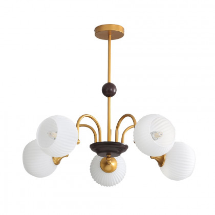HMR - 5-Light Gold Ceiling Chandelier Light with White Ribbed Glass Shades for Living Room