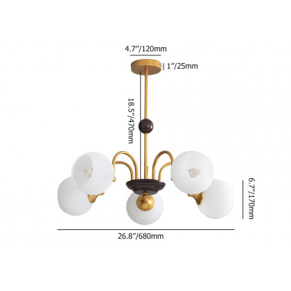 HMR - 5-Light Gold Ceiling Chandelier Light with White Ribbed Glass Shades for Living Room