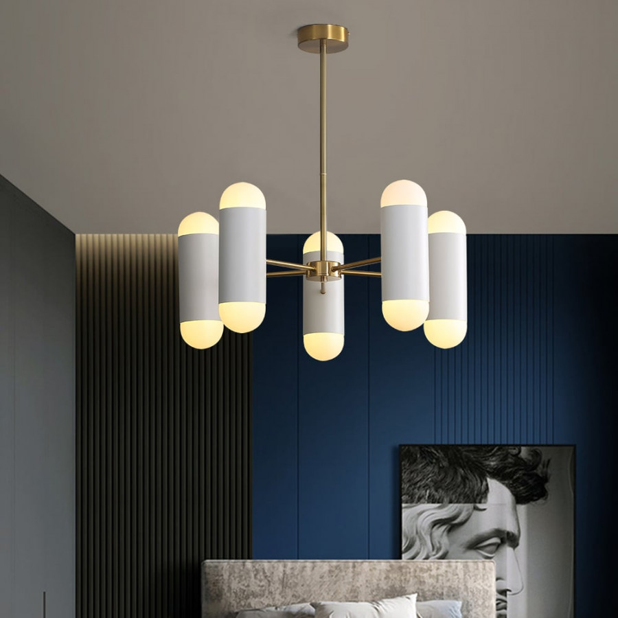 HMR - 10-Light Gold Sputnik Sphere Modern Metal Ceiling Chandelier with White Glass Shades
