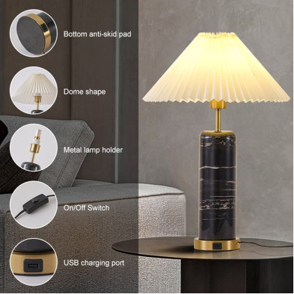 HMR - Modern Black Marble Irregular Pattern Dome Shaped Table Lamp with USB Charging Ports