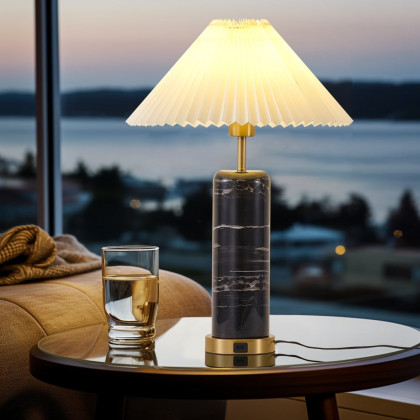 HMR - Modern Black Marble Irregular Pattern Dome Shaped Table Lamp with USB Charging Ports