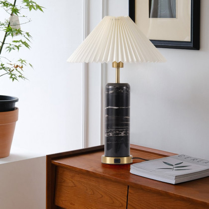 HMR - Modern Black Marble Irregular Pattern Dome Shaped Table Lamp with USB Charging Ports