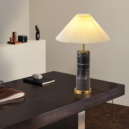 HMR - Modern Black Marble Irregular Pattern Dome Shaped Table Lamp with USB Charging Ports