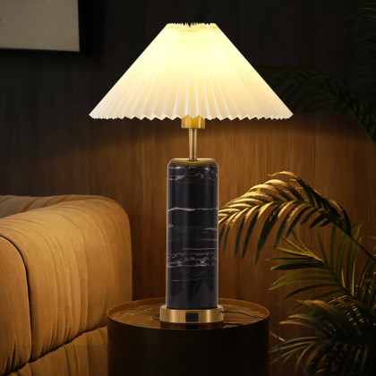 HMR - Modern Black Marble Irregular Pattern Dome Shaped Table Lamp with USB Charging Ports