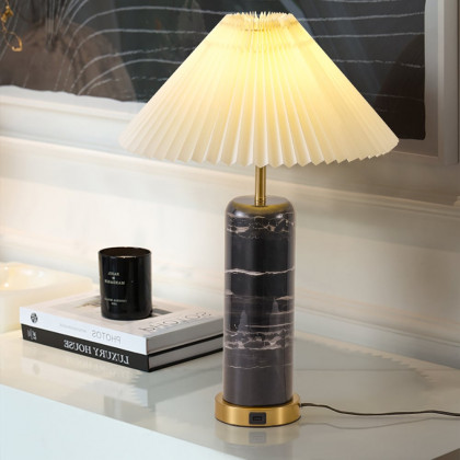 HMR - Modern Black Marble Irregular Pattern Dome Shaped Table Lamp with USB Charging Ports