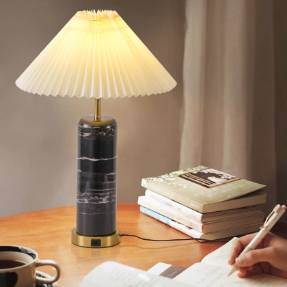 HMR - Modern Black Marble Irregular Pattern Dome Shaped Table Lamp with USB Charging Ports